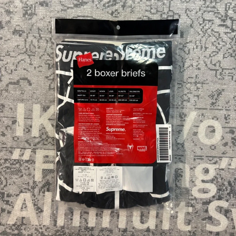 Supreme Hanes Boxer Briefs 2-Pack Black Web Marvel Spider-Man SS26A66 Mens Small